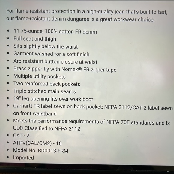 Carhartt FRB 13 - flame resistant signature Denim Dungaree New with tags - Picture 8 of 12